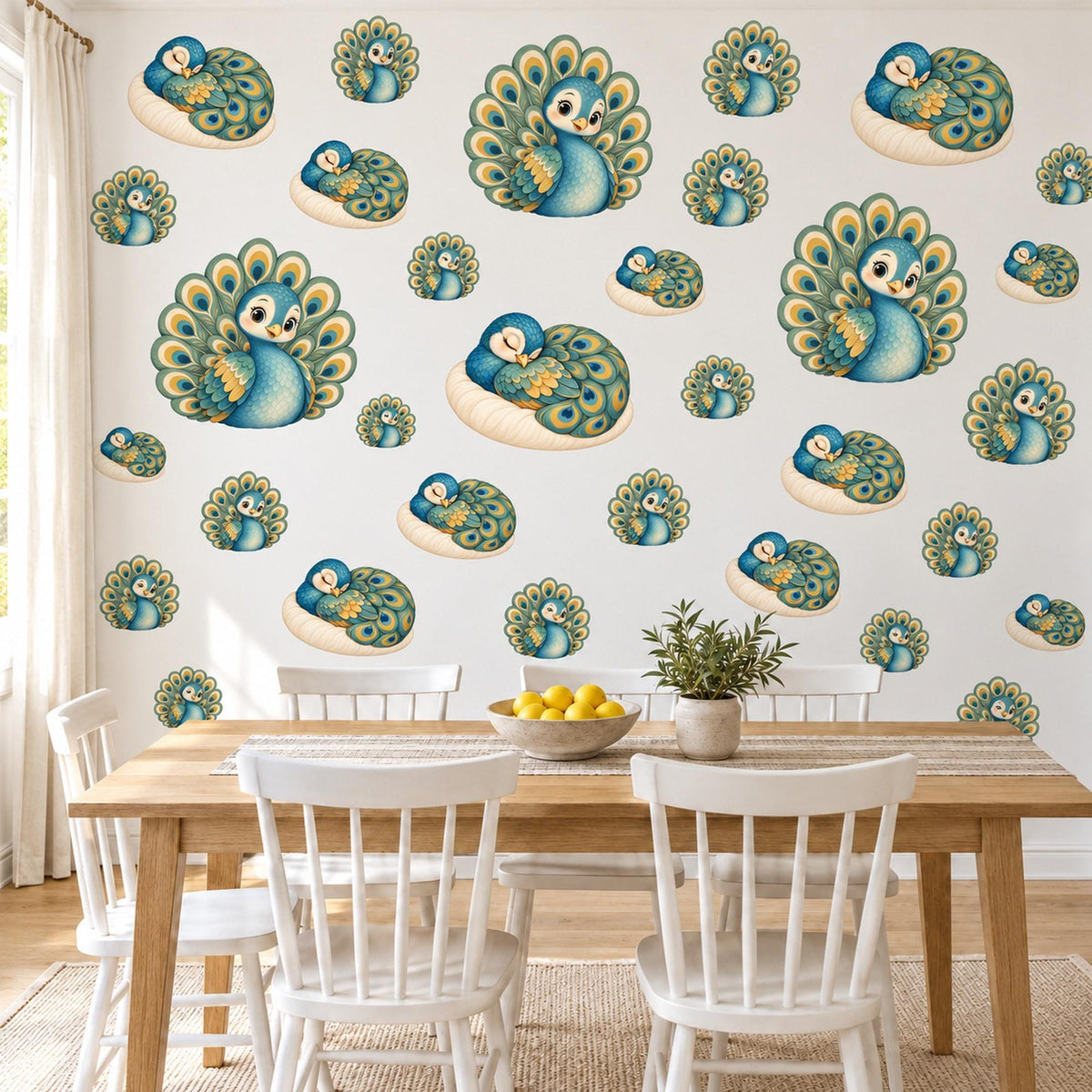 Peacock Wall Stickers, Baby Peacock Nursery Decor, Teal Bird Wall Decals, Emerald Green Gold Kids Room Peel and Stick Wall Art
