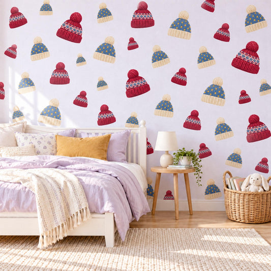 Winter Hat Wall Stickers, Bobble Hat Nursery Decor, Fair Isle Knit Wall Decals, Red Blue Cream Kids Room Peel and Stick Wall Art