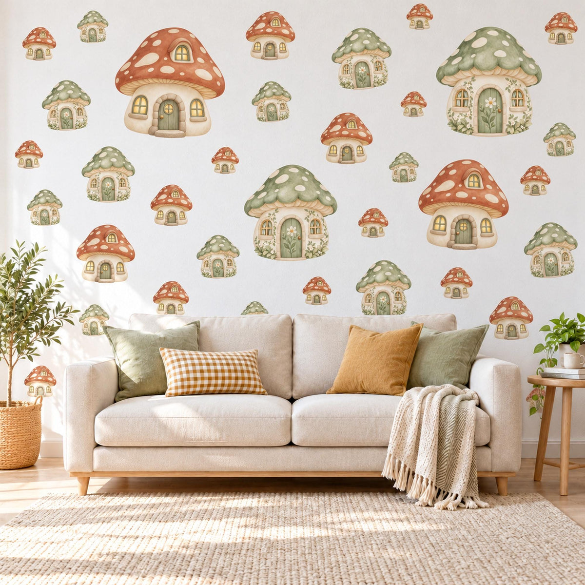 Mushroom Wall Stickers, Mushroom House Nursery Decor, Woodland Toadstool Wall Decals, Orange Sage Kids Room Peel and Stick Wall Art