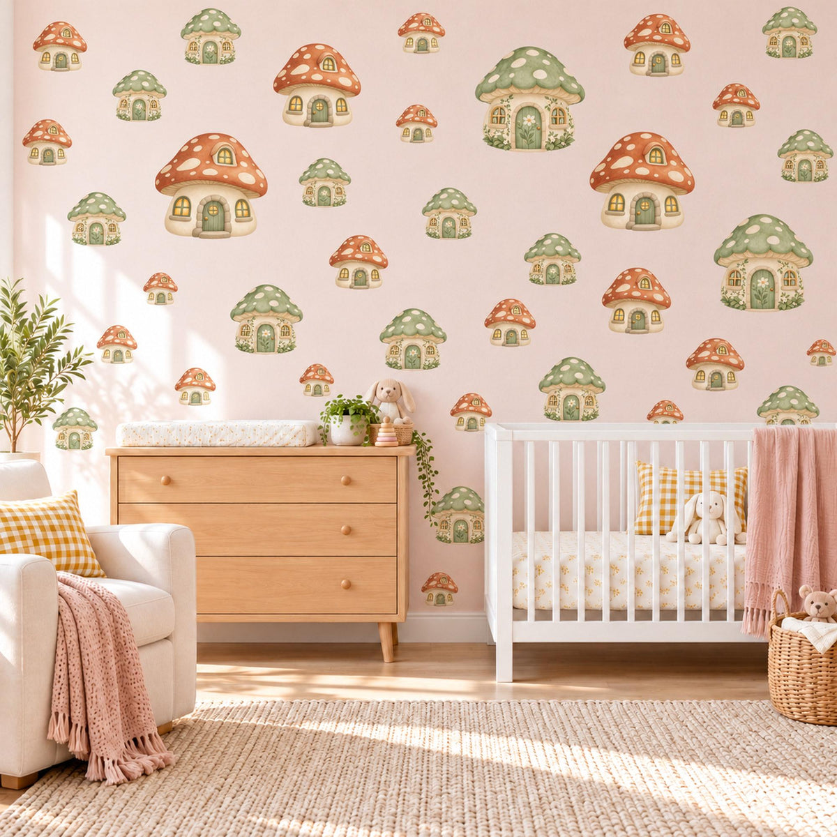 Mushroom Wall Stickers, Mushroom House Nursery Decor, Woodland Toadstool Wall Decals, Orange Sage Kids Room Peel and Stick Wall Art