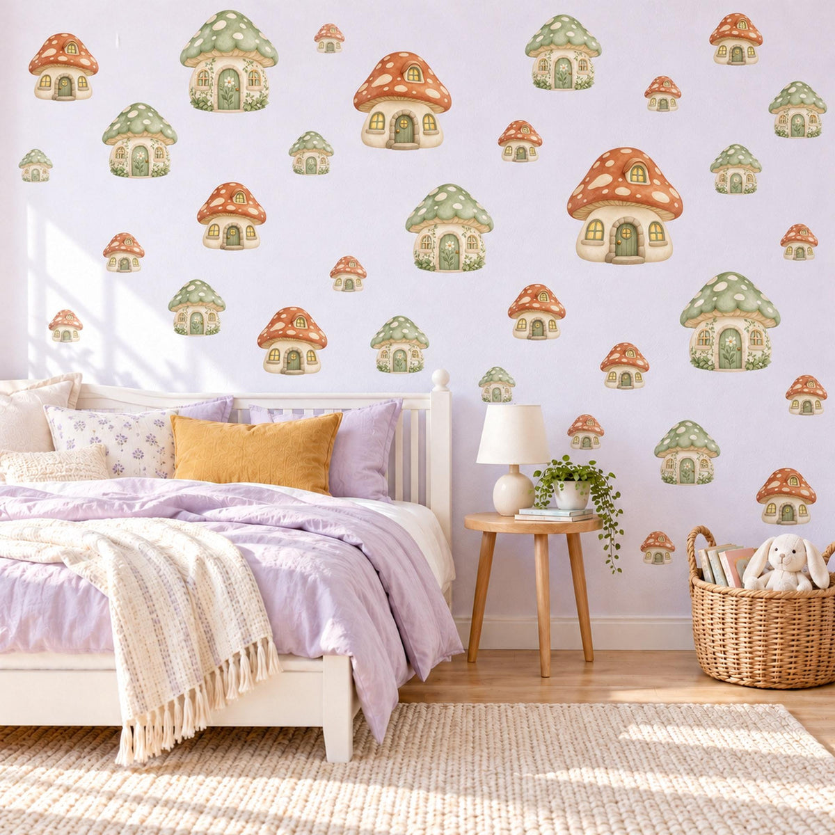 Mushroom Wall Stickers, Mushroom House Nursery Decor, Woodland Toadstool Wall Decals, Orange Sage Kids Room Peel and Stick Wall Art