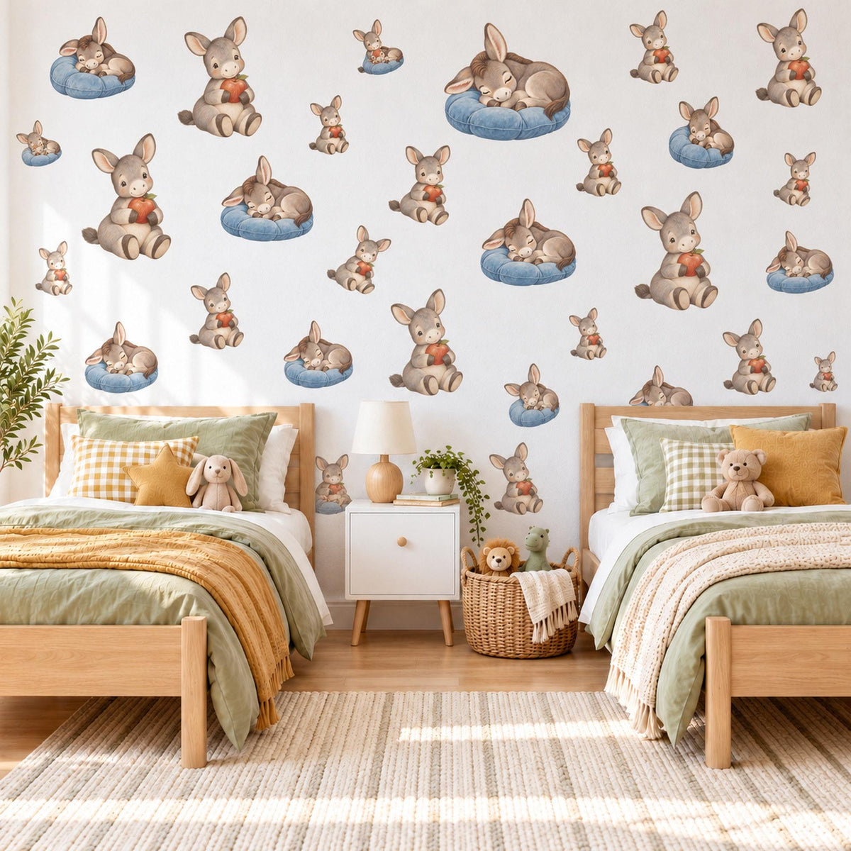 Donkey Wall Stickers, Baby Donkey Nursery Decor, Farm Animal Wall Decals, Grey Blue Apple Kids Room Peel and Stick Wall Art