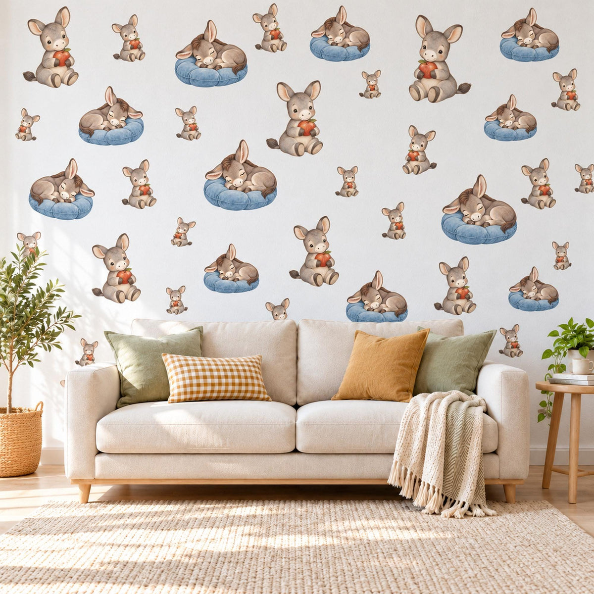 Donkey Wall Stickers, Baby Donkey Nursery Decor, Farm Animal Wall Decals, Grey Blue Apple Kids Room Peel and Stick Wall Art