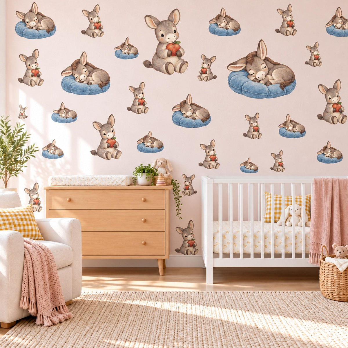 Donkey Wall Stickers, Baby Donkey Nursery Decor, Farm Animal Wall Decals, Grey Blue Apple Kids Room Peel and Stick Wall Art