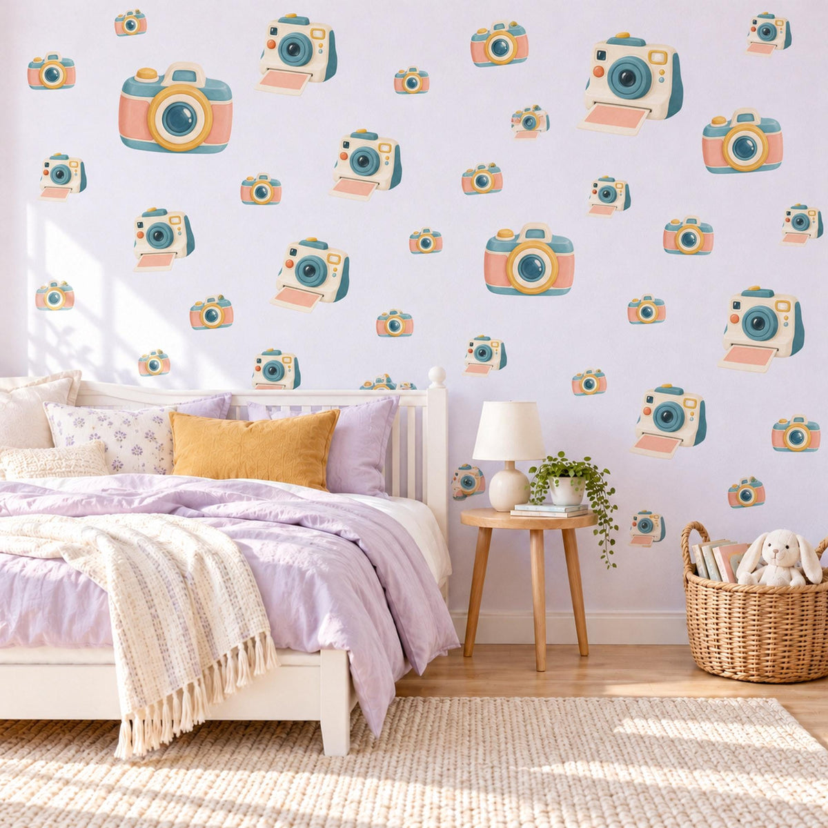 Camera Wall Stickers, Retro Toy Camera Nursery Decor, Photography Wall Decals, Peach Teal Mustard Kids Room Peel and Stick Wall Art