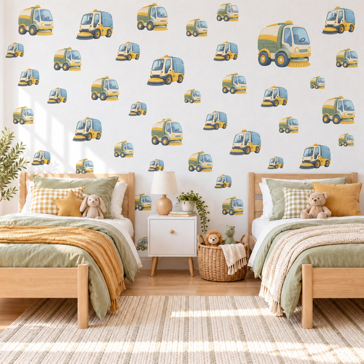 Street Sweeper Wall Stickers, Truck Nursery Decor, Toy Vehicle Wall Decals, Yellow Blue Boys Room Transport Peel and Stick Wall Art