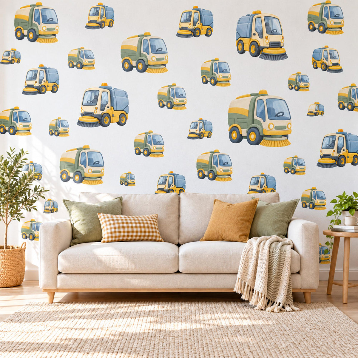 Street Sweeper Wall Stickers, Truck Nursery Decor, Toy Vehicle Wall Decals, Yellow Blue Boys Room Transport Peel and Stick Wall Art