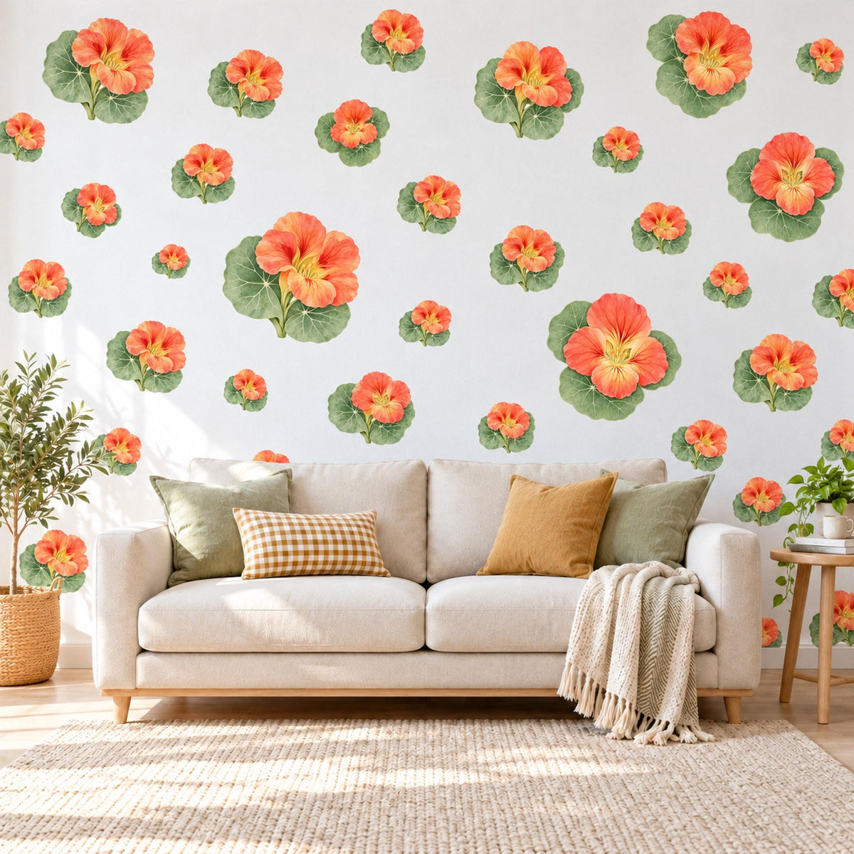 Nasturtium Wall Stickers, Orange Flower Nursery Decor, Botanical Floral Wall Decals, Coral Green Kids Room Peel and Stick Wall Art