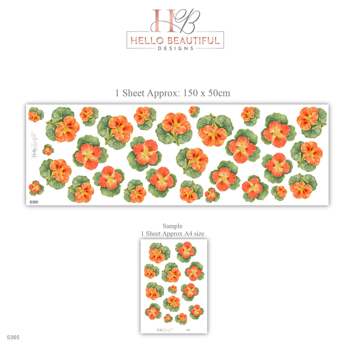 Nasturtium Wall Stickers, Orange Flower Nursery Decor, Botanical Floral Wall Decals, Coral Green Kids Room Peel and Stick Wall Art