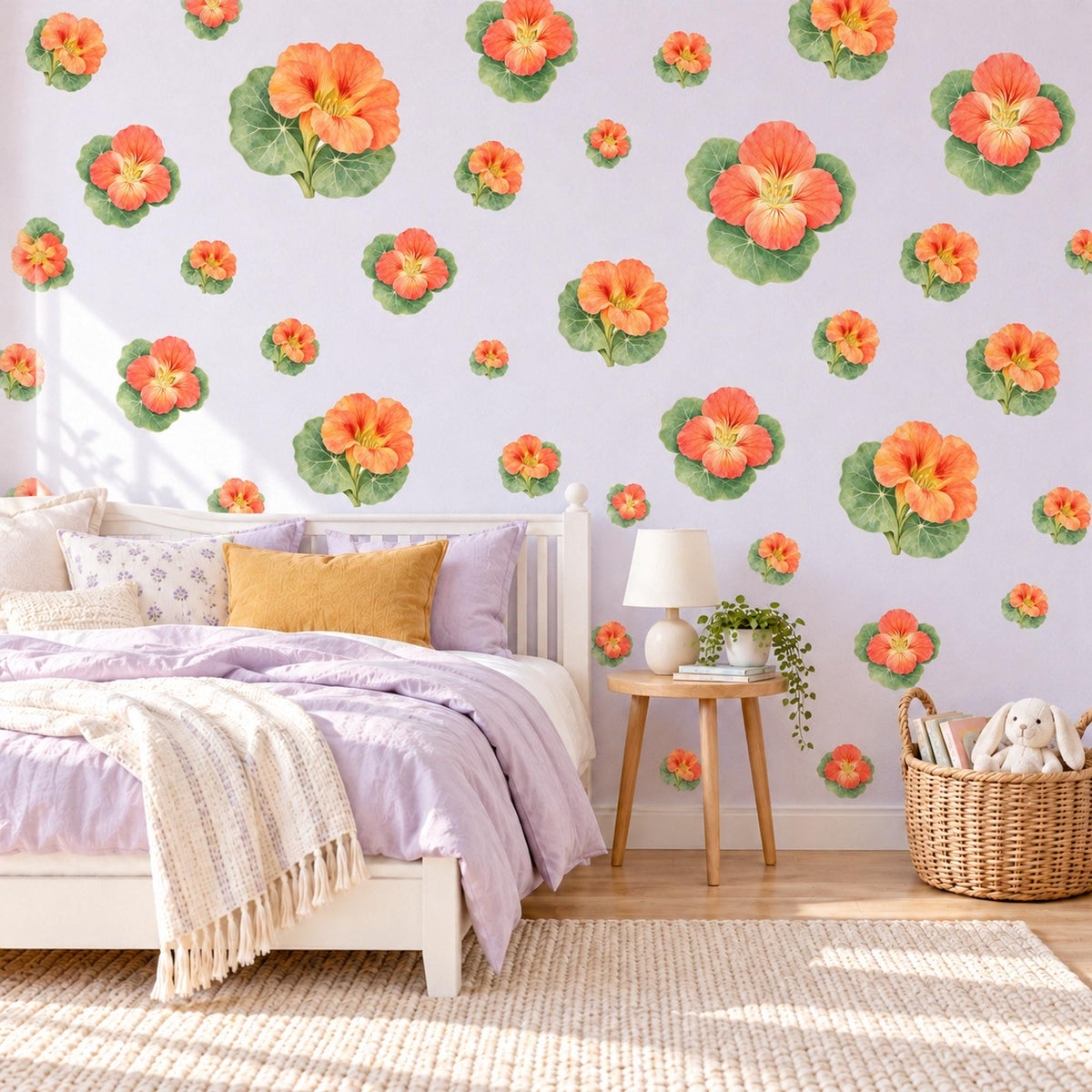 Nasturtium Wall Stickers, Orange Flower Nursery Decor, Botanical Floral Wall Decals, Coral Green Kids Room Peel and Stick Wall Art