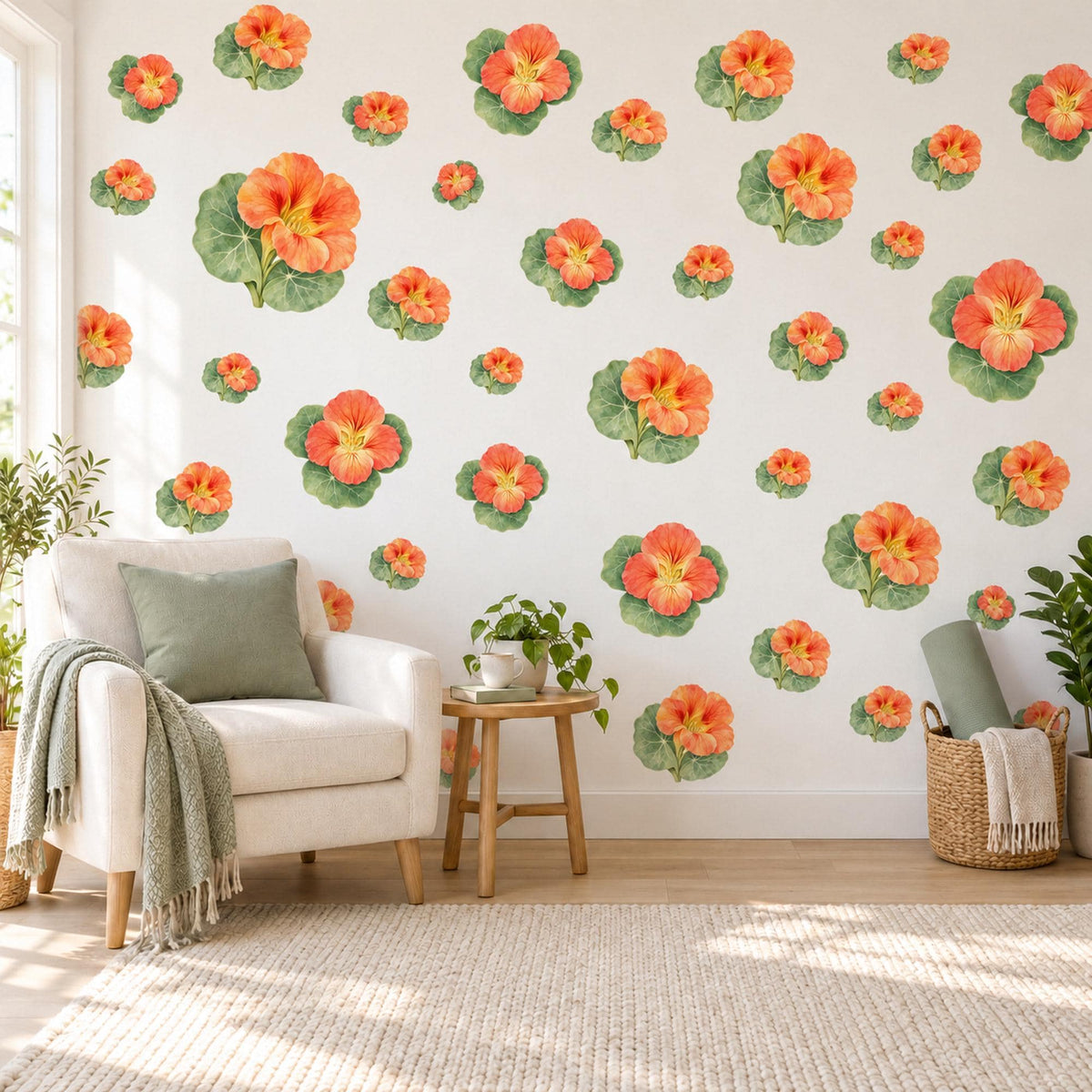 Nasturtium Wall Stickers, Orange Flower Nursery Decor, Botanical Floral Wall Decals, Coral Green Kids Room Peel and Stick Wall Art