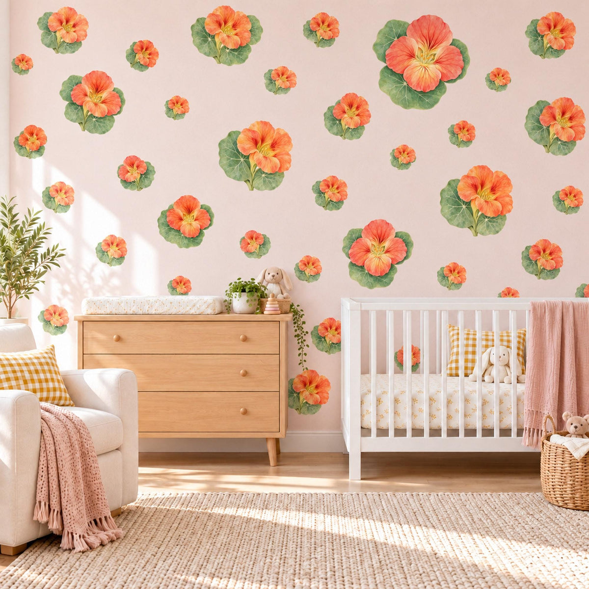 Nasturtium Wall Stickers, Orange Flower Nursery Decor, Botanical Floral Wall Decals, Coral Green Kids Room Peel and Stick Wall Art