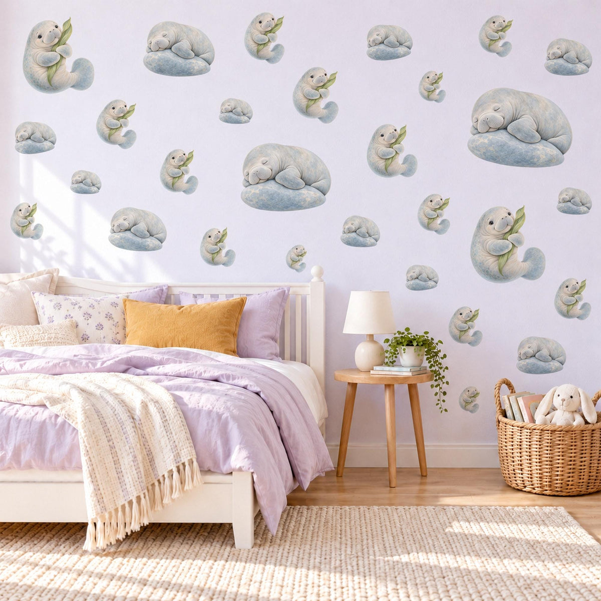 Manatee Wall Stickers, Baby Sea Animal Nursery Decor, Ocean Manatee Wall Decals, Grey Blue Sage Kids Room Peel and Stick Wall Art