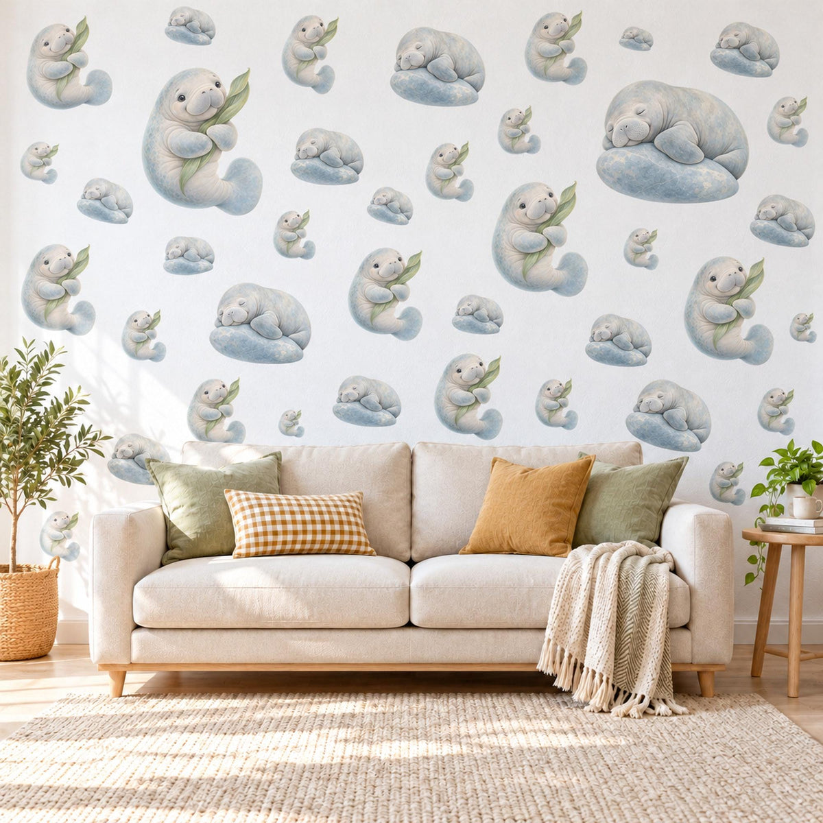 Manatee Wall Stickers, Baby Sea Animal Nursery Decor, Ocean Manatee Wall Decals, Grey Blue Sage Kids Room Peel and Stick Wall Art