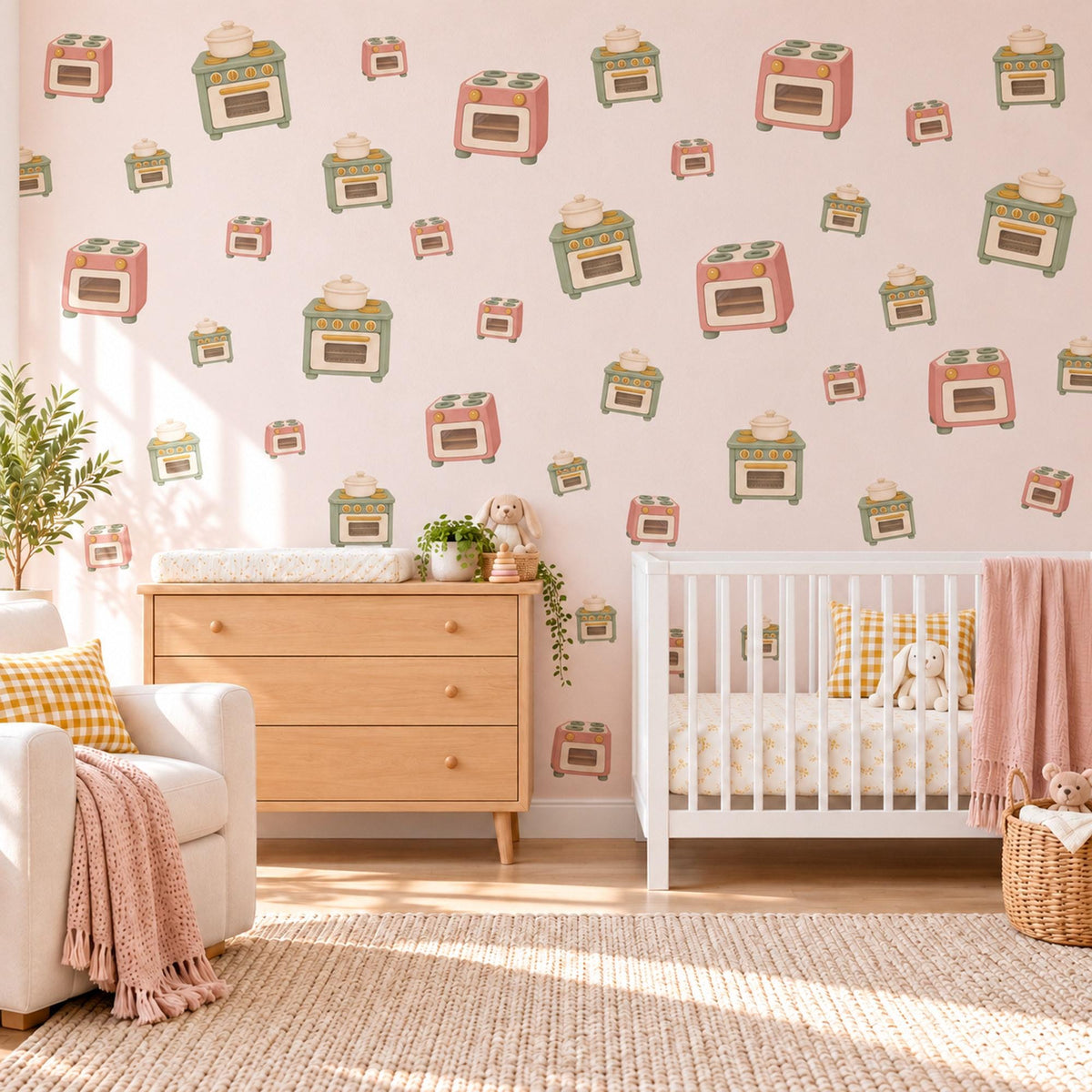 Play Kitchen Wall Stickers, Toy Oven Playroom Decor, Retro Stove Wall Decals, Pink Sage Mustard Kids Room Peel and Stick Wall Art