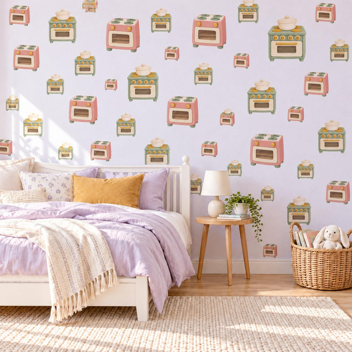 Play Kitchen Wall Stickers, Toy Oven Playroom Decor, Retro Stove Wall Decals, Pink Sage Mustard Kids Room Peel and Stick Wall Art