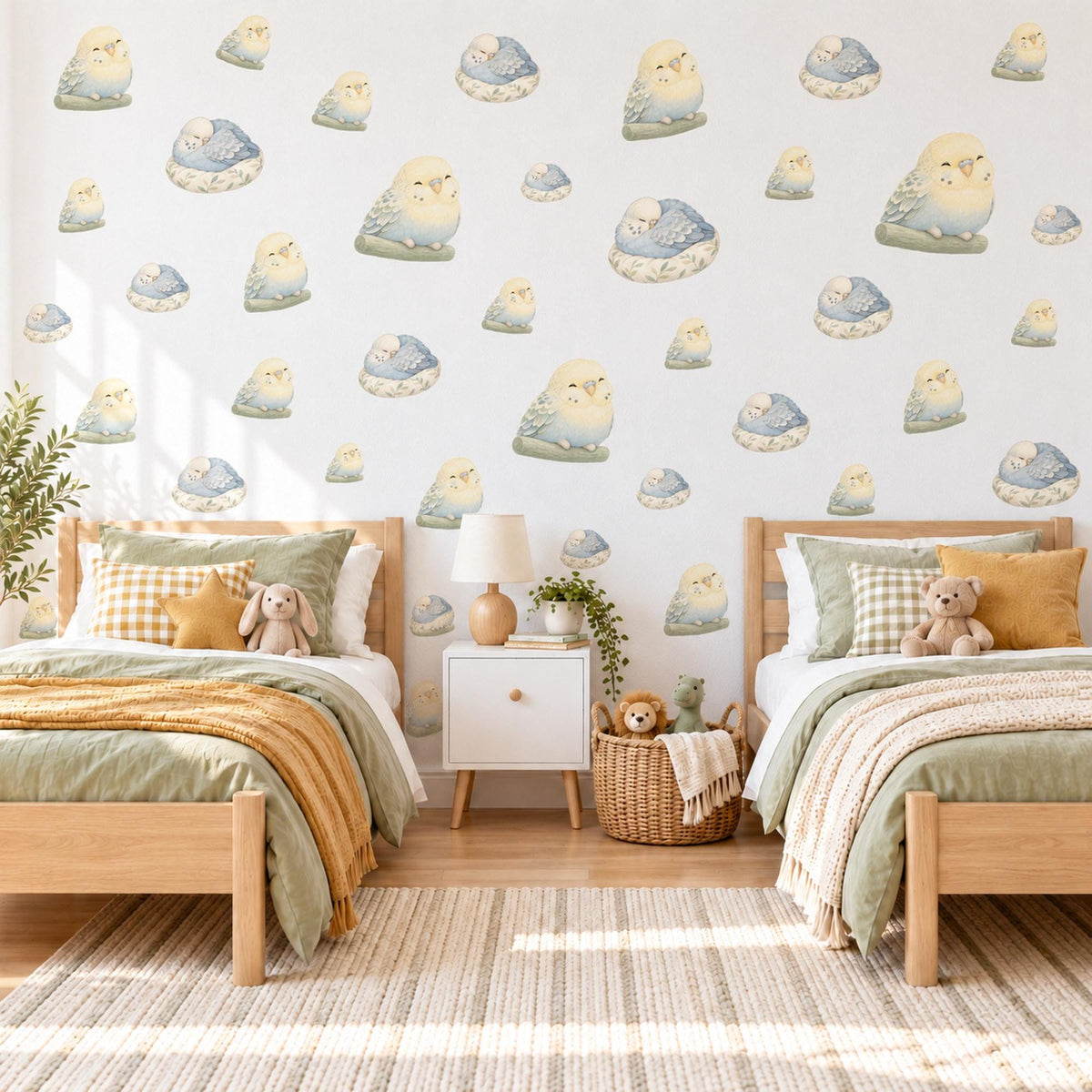 Budgie Wall Stickers, Baby Bird Nursery Decor, Budgerigar Wall Decals, Lemon Powder Blue Sage Kids Room Peel and Stick Wall Art