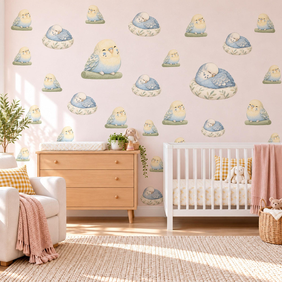 Budgie Wall Stickers, Baby Bird Nursery Decor, Budgerigar Wall Decals, Lemon Powder Blue Sage Kids Room Peel and Stick Wall Art