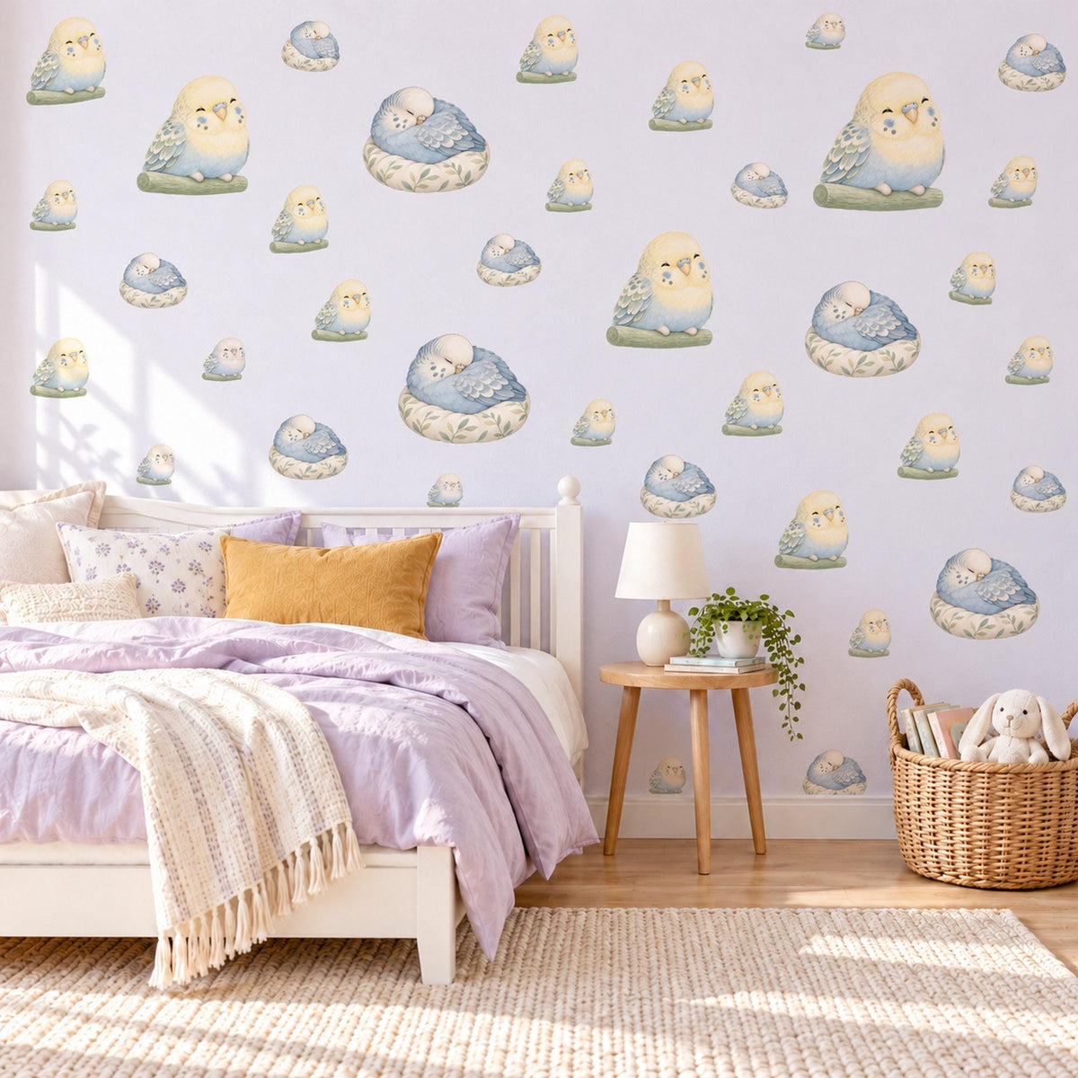 Budgie Wall Stickers, Baby Bird Nursery Decor, Budgerigar Wall Decals, Lemon Powder Blue Sage Kids Room Peel and Stick Wall Art
