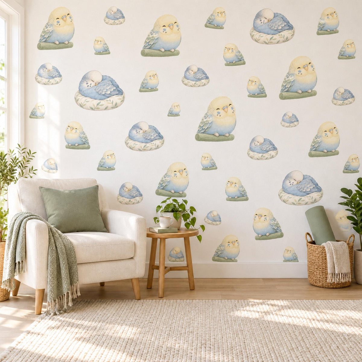 Budgie Wall Stickers, Baby Bird Nursery Decor, Budgerigar Wall Decals, Lemon Powder Blue Sage Kids Room Peel and Stick Wall Art