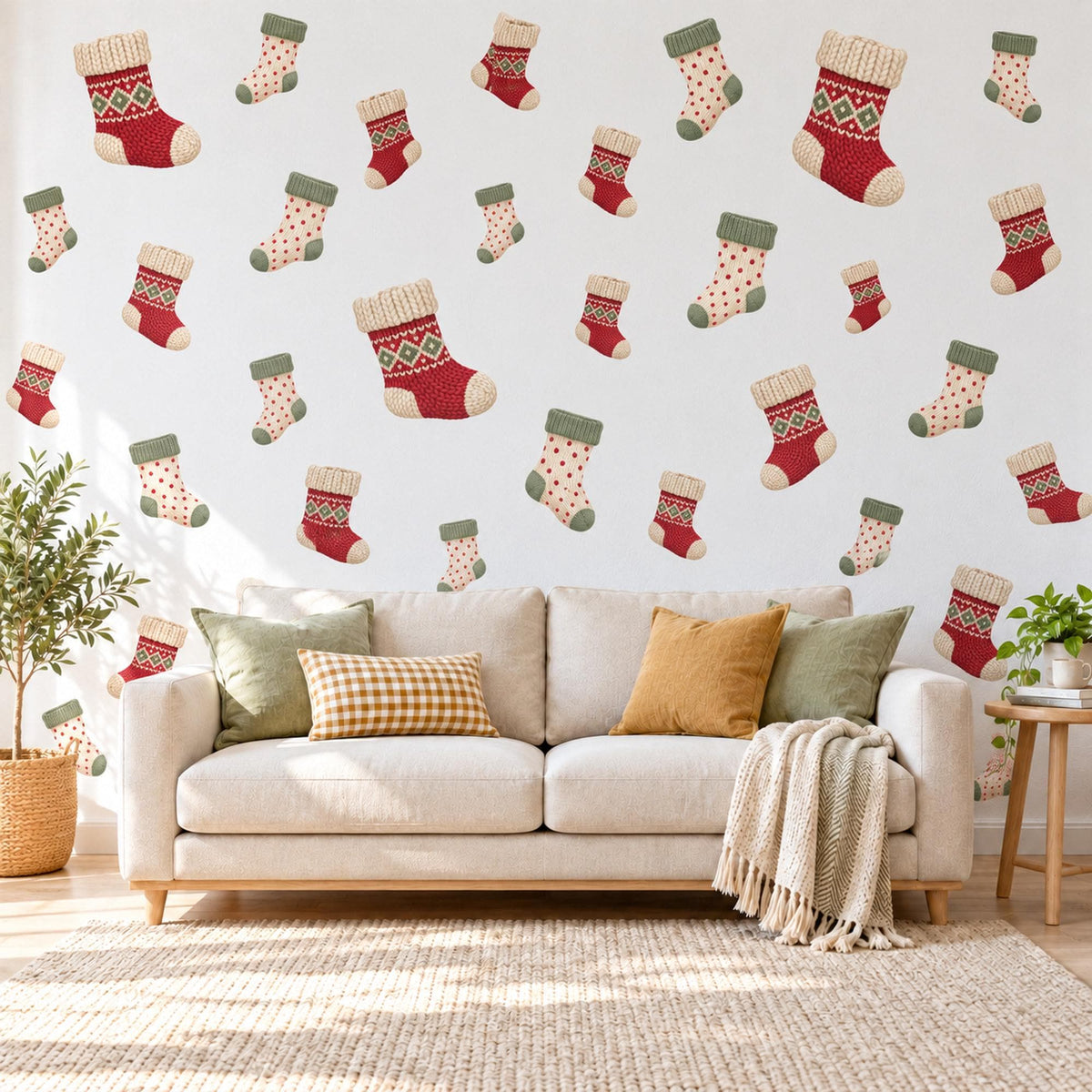 Christmas Sock Wall Stickers, Winter Stocking Nursery Decor, Fair Isle Knit Wall Decals, Red Sage Cream Kids Room Peel and Stick Wall Art