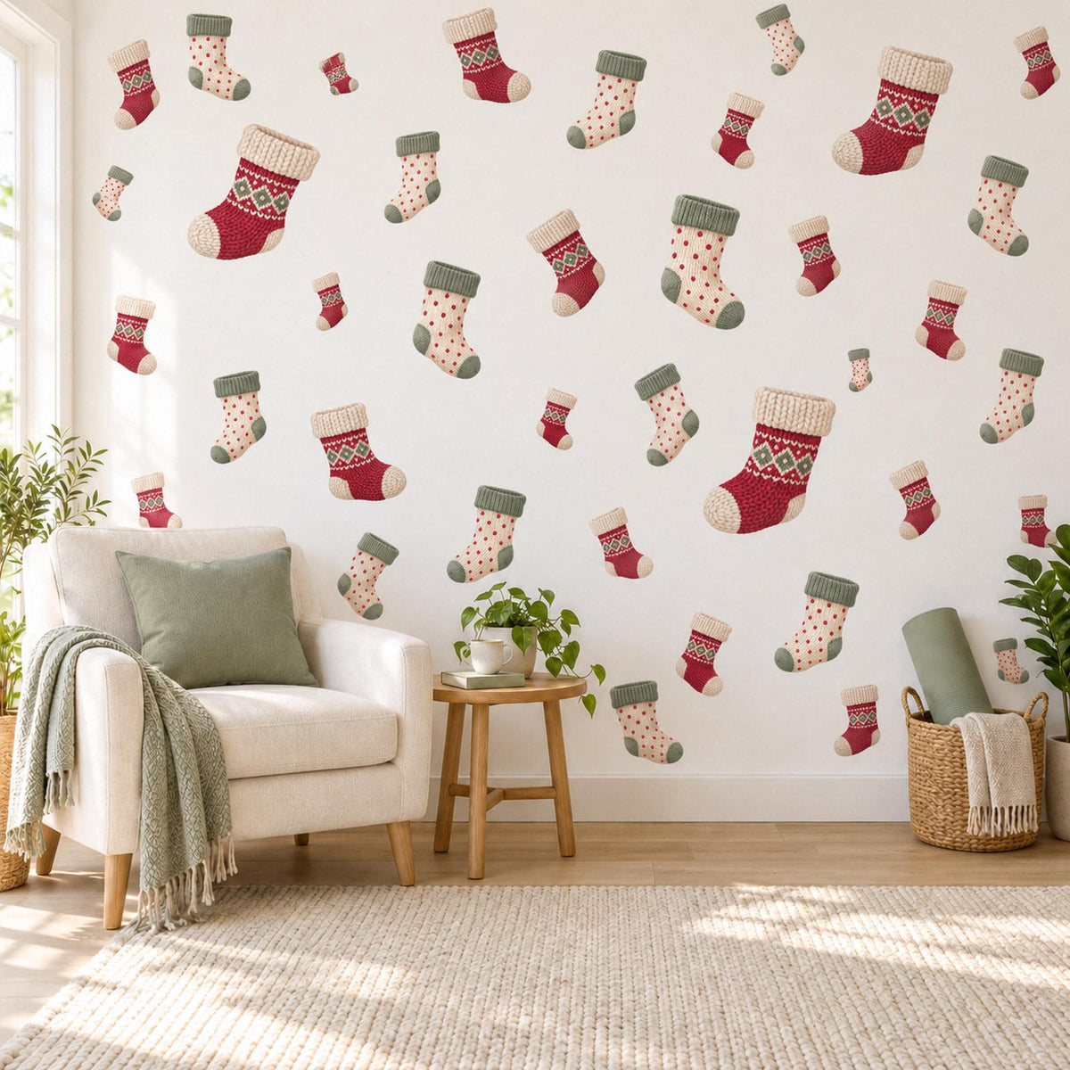 Christmas Sock Wall Stickers, Winter Stocking Nursery Decor, Fair Isle Knit Wall Decals, Red Sage Cream Kids Room Peel and Stick Wall Art
