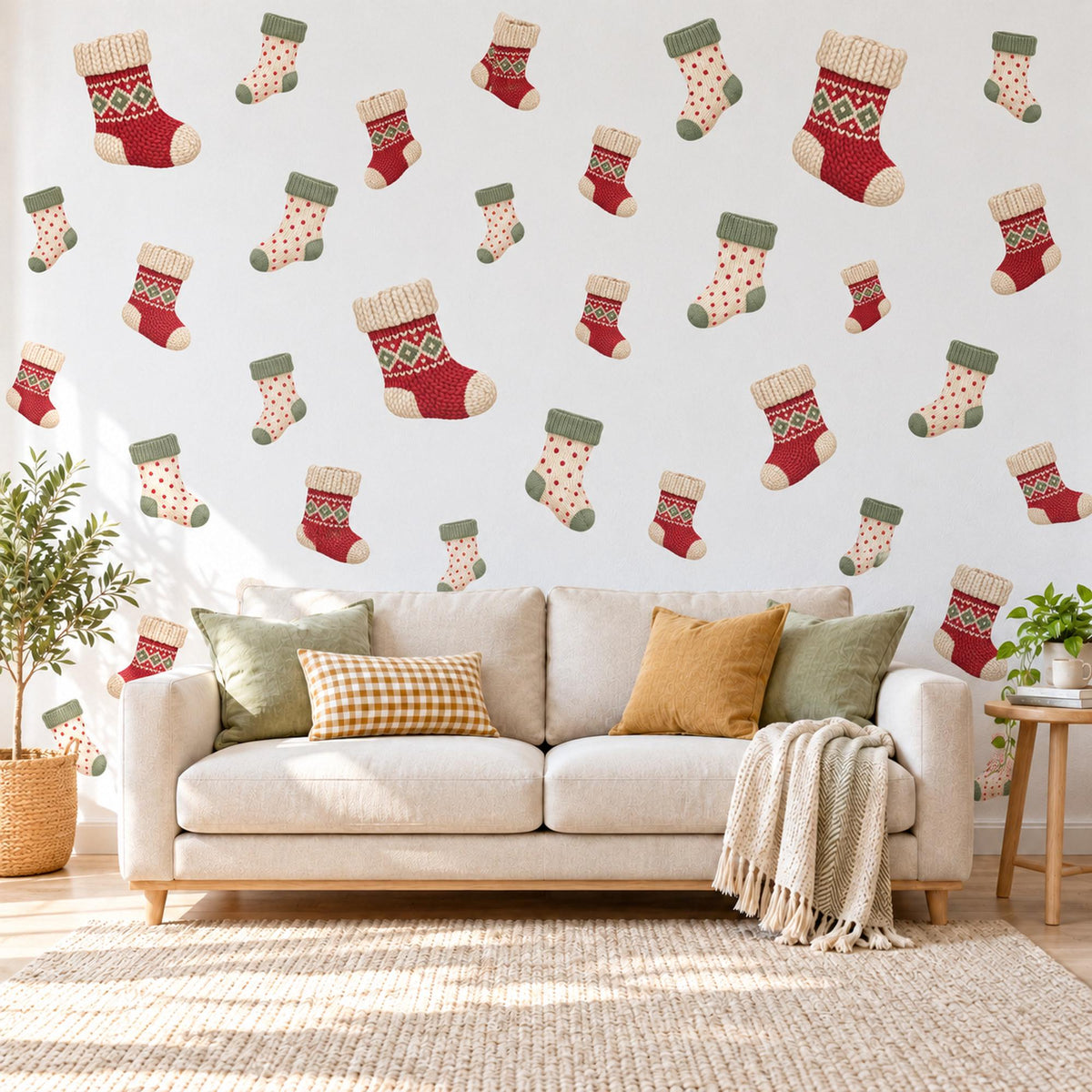 Christmas Sock Wall Stickers, Winter Stocking Nursery Decor, Fair Isle Knit Wall Decals, Red Sage Cream Kids Room Peel and Stick Wall Art