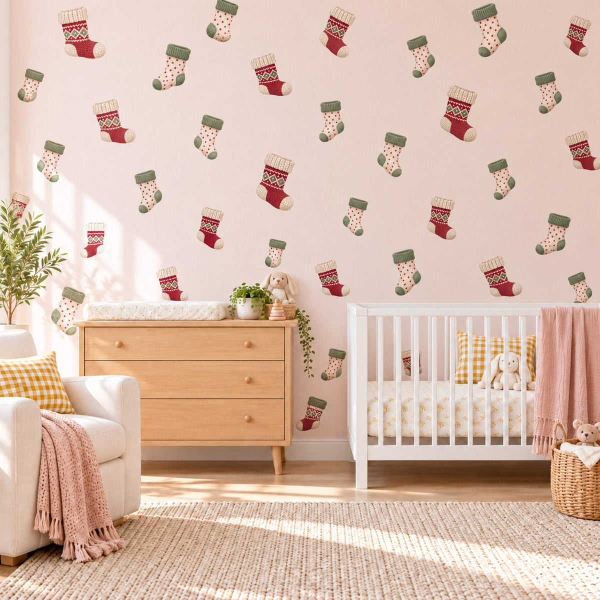 Christmas Sock Wall Stickers, Winter Stocking Nursery Decor, Fair Isle Knit Wall Decals, Red Sage Cream Kids Room Peel and Stick Wall Art