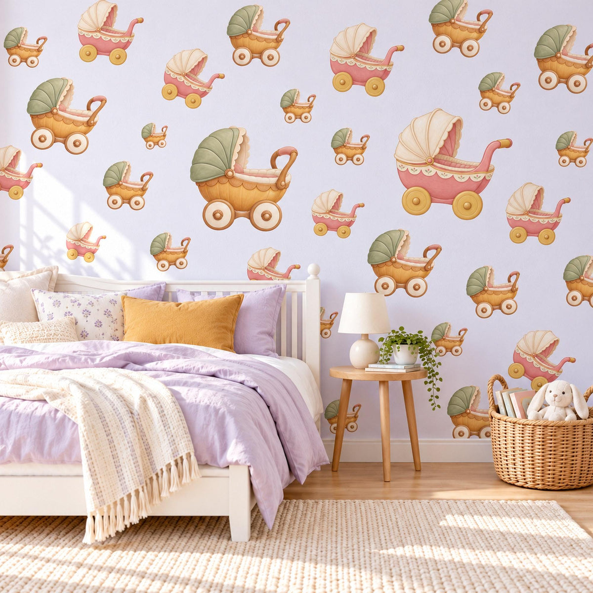 Pram Wall Stickers, Vintage Toy Pram Nursery Decor, Baby Carriage Wall Decals, Sage Pink Mustard Kids Room Peel and Stick Wall Art