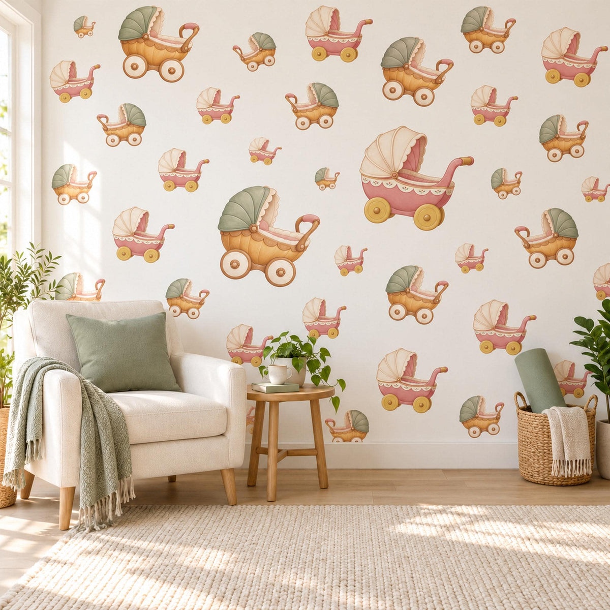 Pram Wall Stickers, Vintage Toy Pram Nursery Decor, Baby Carriage Wall Decals, Sage Pink Mustard Kids Room Peel and Stick Wall Art
