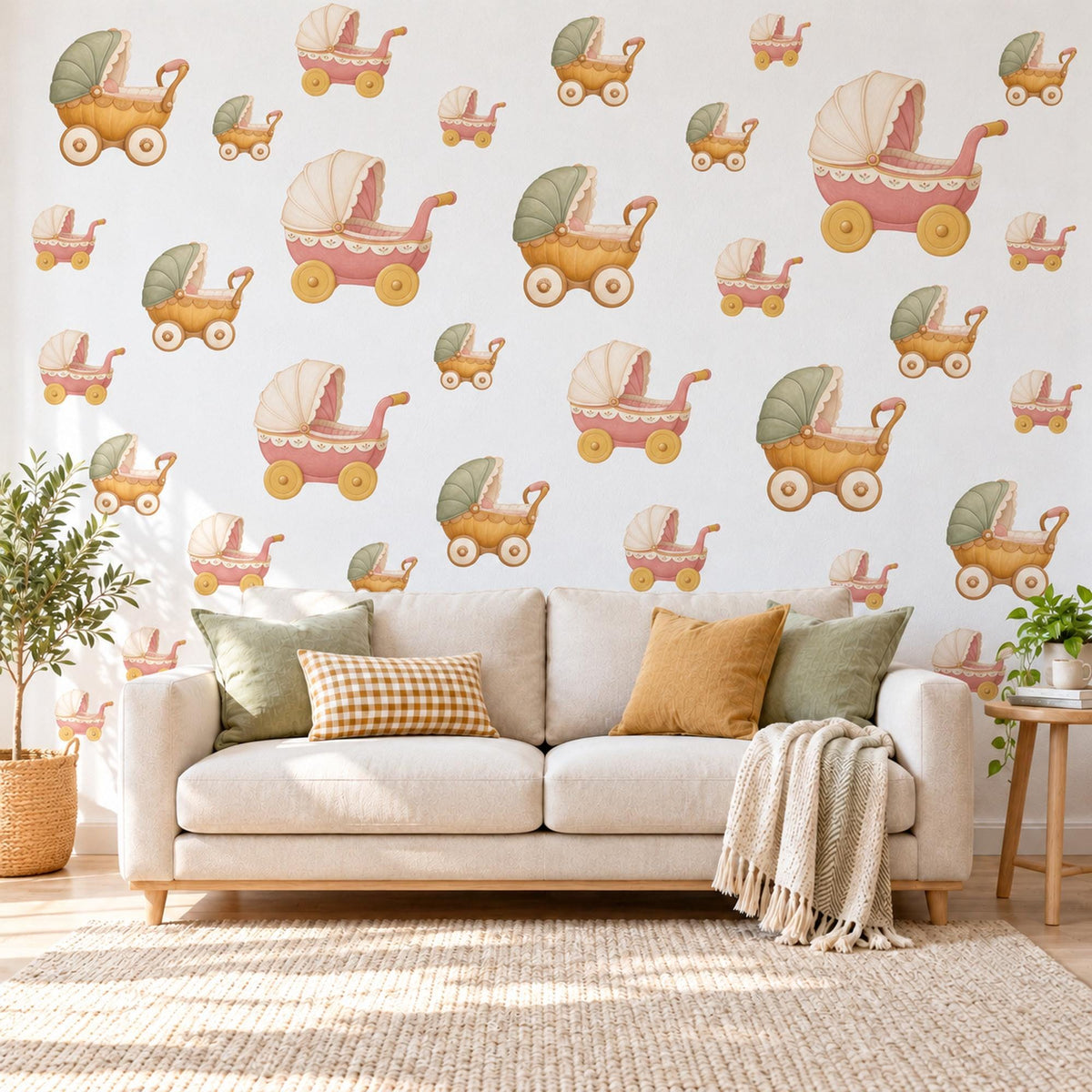 Pram Wall Stickers, Vintage Toy Pram Nursery Decor, Baby Carriage Wall Decals, Sage Pink Mustard Kids Room Peel and Stick Wall Art
