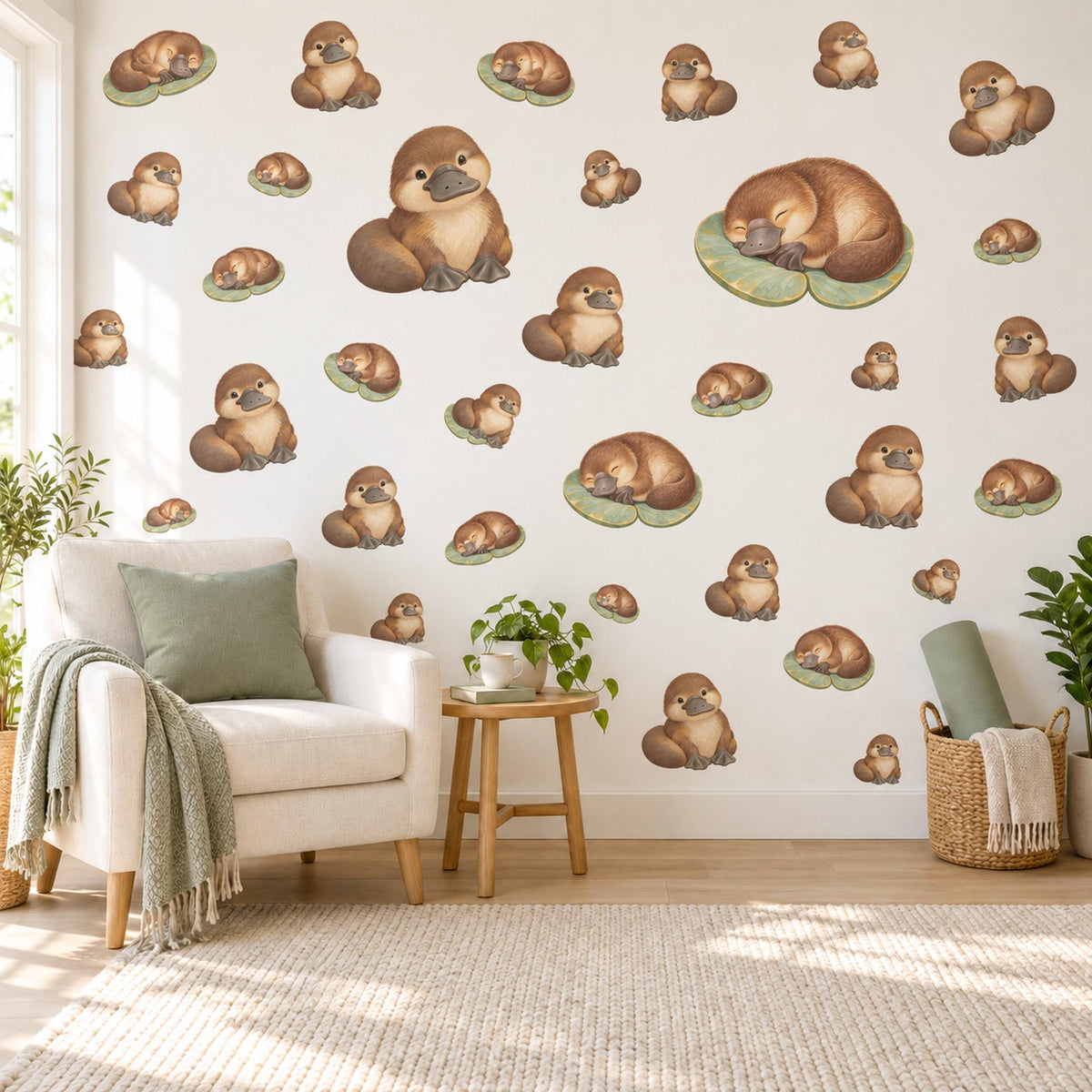 Platypus Wall Stickers, Baby Platypus Nursery Decor, Australian Animal Wall Decals, Brown Sage Kids Room Peel and Stick Wall Art