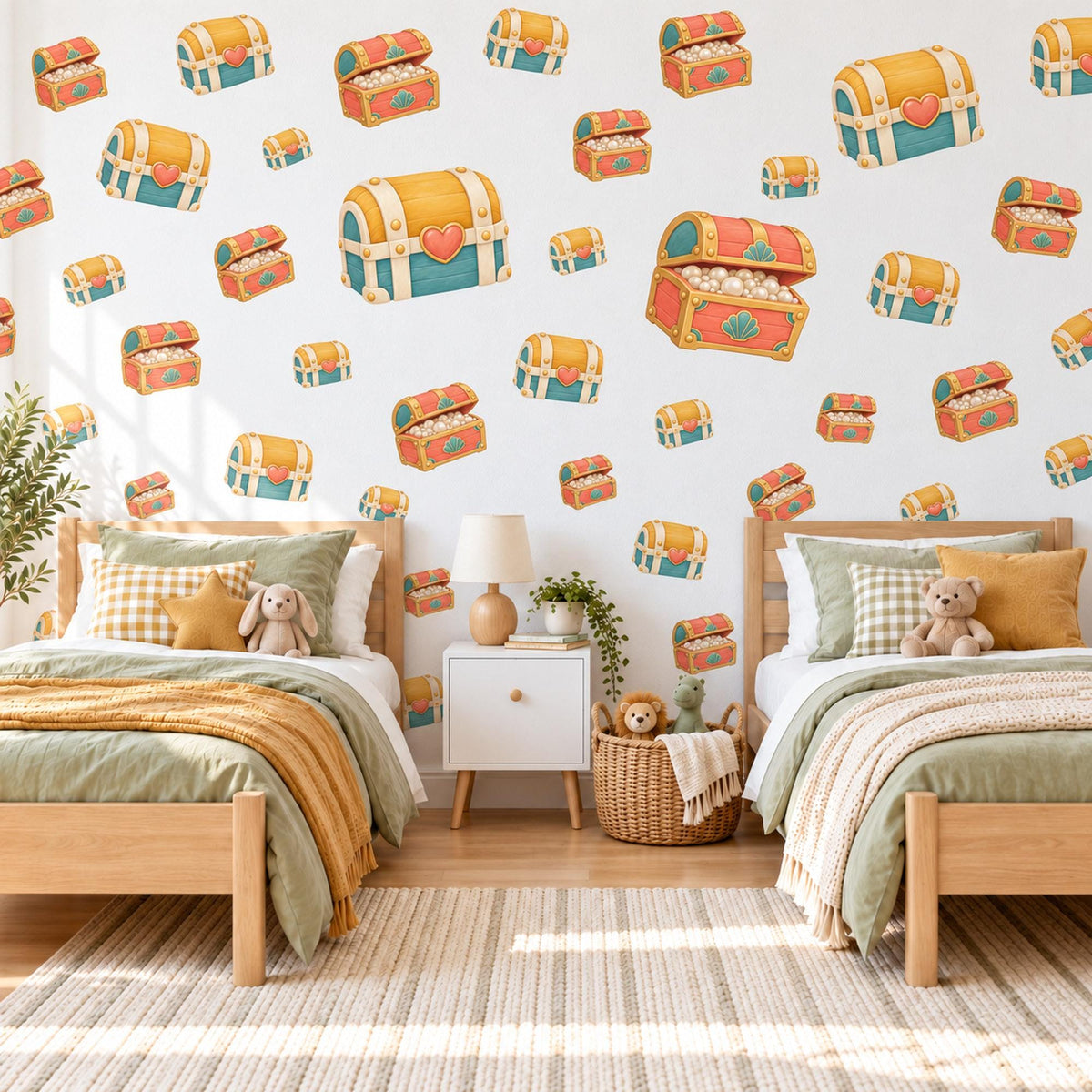 Treasure Chest Wall Stickers, Pirate Nursery Decor, Adventure Wall Decals, Orange Teal Mustard Boys Room Peel and Stick Wall Art