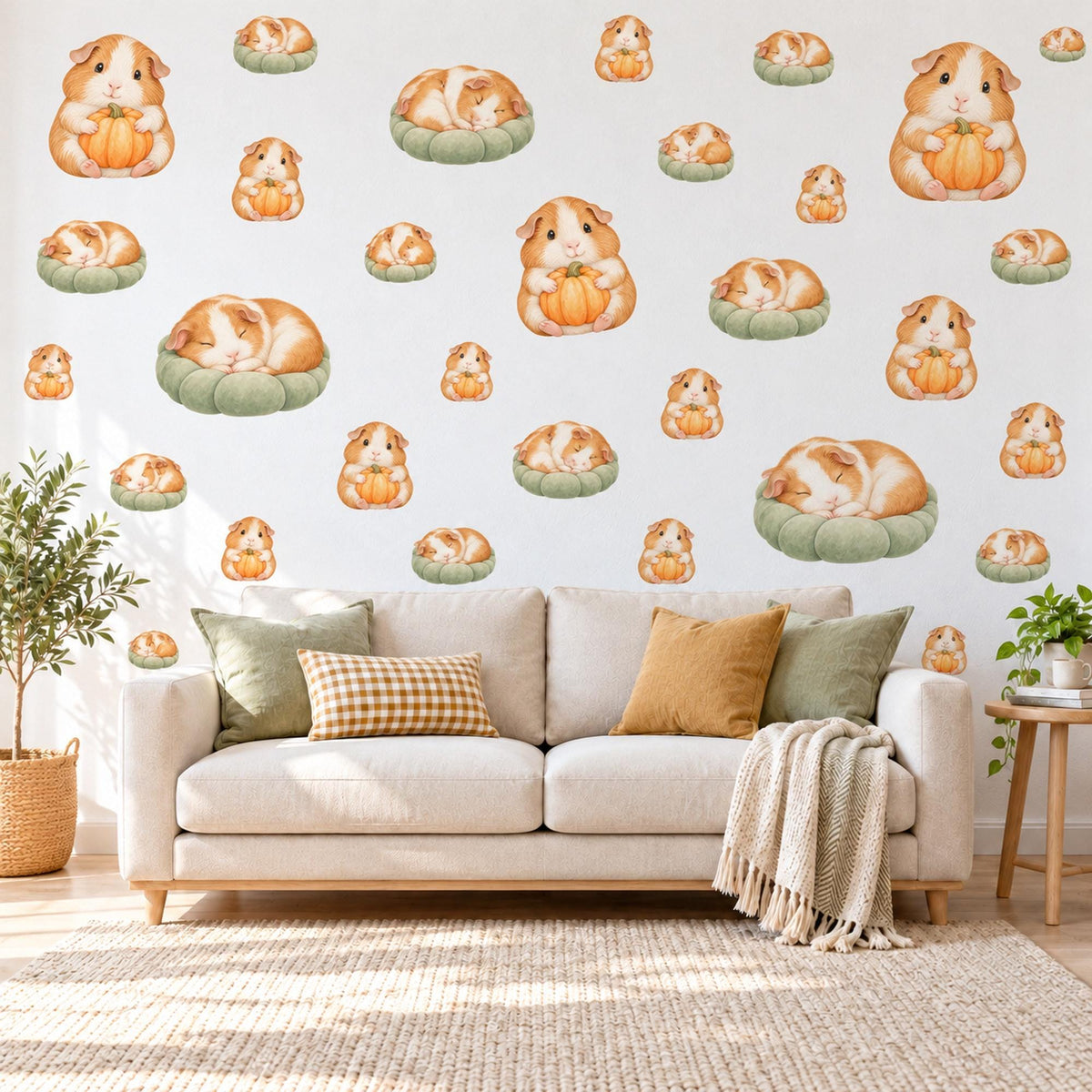 Guinea Pig Wall Stickers, Pumpkin Nursery Decor, Baby Animal Wall Decals, Ginger Cream Sage Autumn Kids Room Peel and Stick Wall Art