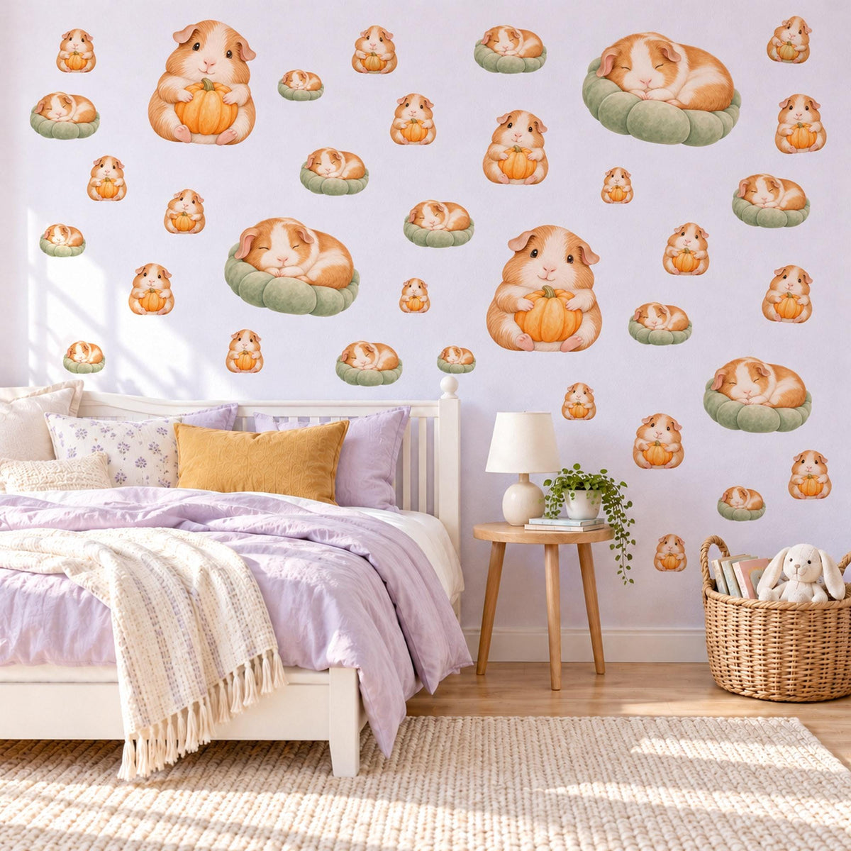 Guinea Pig Wall Stickers, Pumpkin Nursery Decor, Baby Animal Wall Decals, Ginger Cream Sage Autumn Kids Room Peel and Stick Wall Art