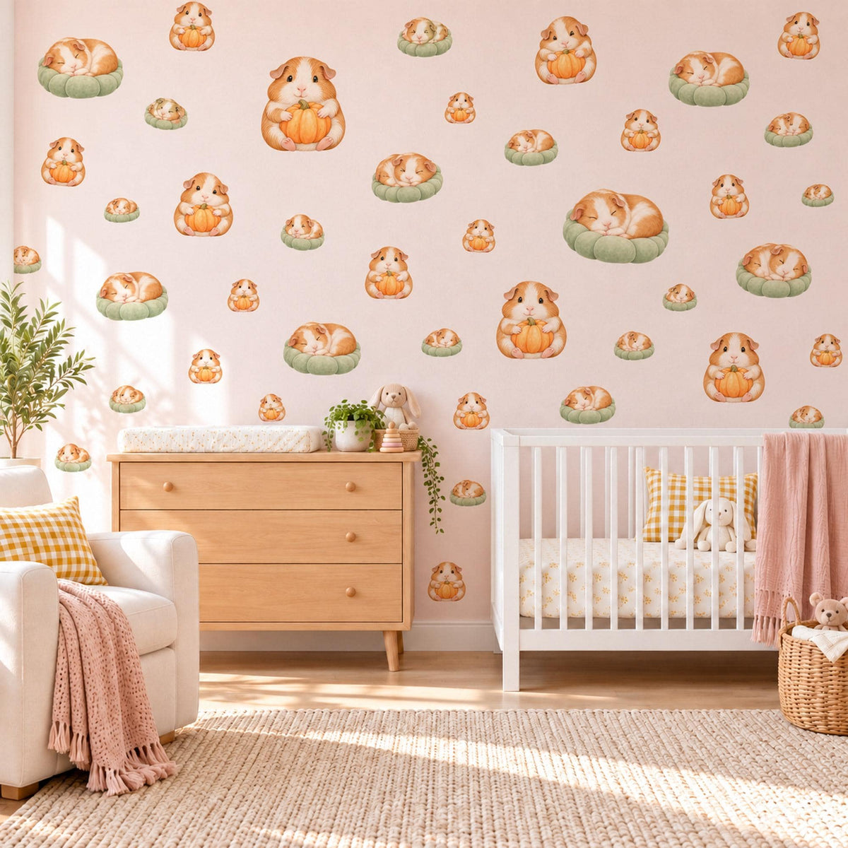 Guinea Pig Wall Stickers, Pumpkin Nursery Decor, Baby Animal Wall Decals, Ginger Cream Sage Autumn Kids Room Peel and Stick Wall Art