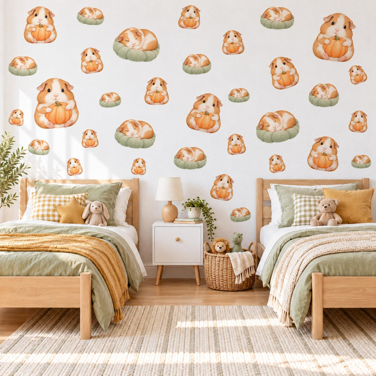Guinea Pig Wall Stickers, Pumpkin Nursery Decor, Baby Animal Wall Decals, Ginger Cream Sage Autumn Kids Room Peel and Stick Wall Art
