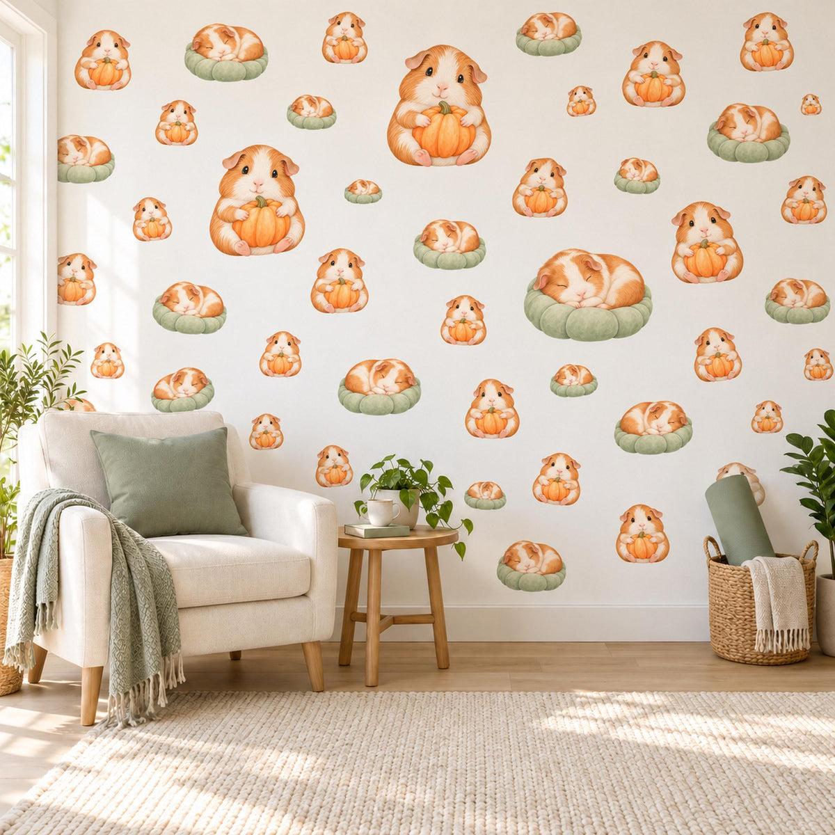 Guinea Pig Wall Stickers, Pumpkin Nursery Decor, Baby Animal Wall Decals, Ginger Cream Sage Autumn Kids Room Peel and Stick Wall Art