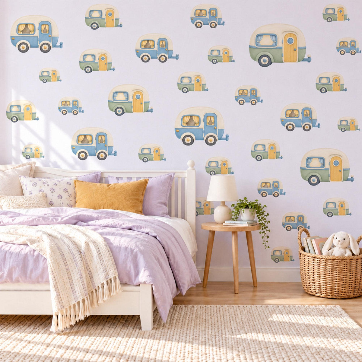 Caravan Wall Stickers, Camper Nursery Decor, Toy Car Travel Wall Decals, Blue Sage Mustard Kids Room Adventure Peel and Stick Wall Art