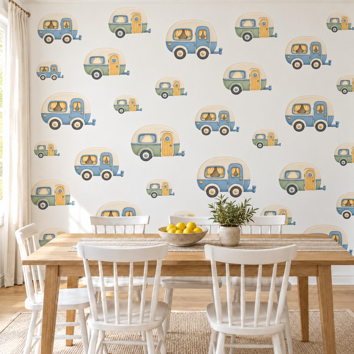 Caravan Wall Stickers, Camper Nursery Decor, Toy Car Travel Wall Decals, Blue Sage Mustard Kids Room Adventure Peel and Stick Wall Art