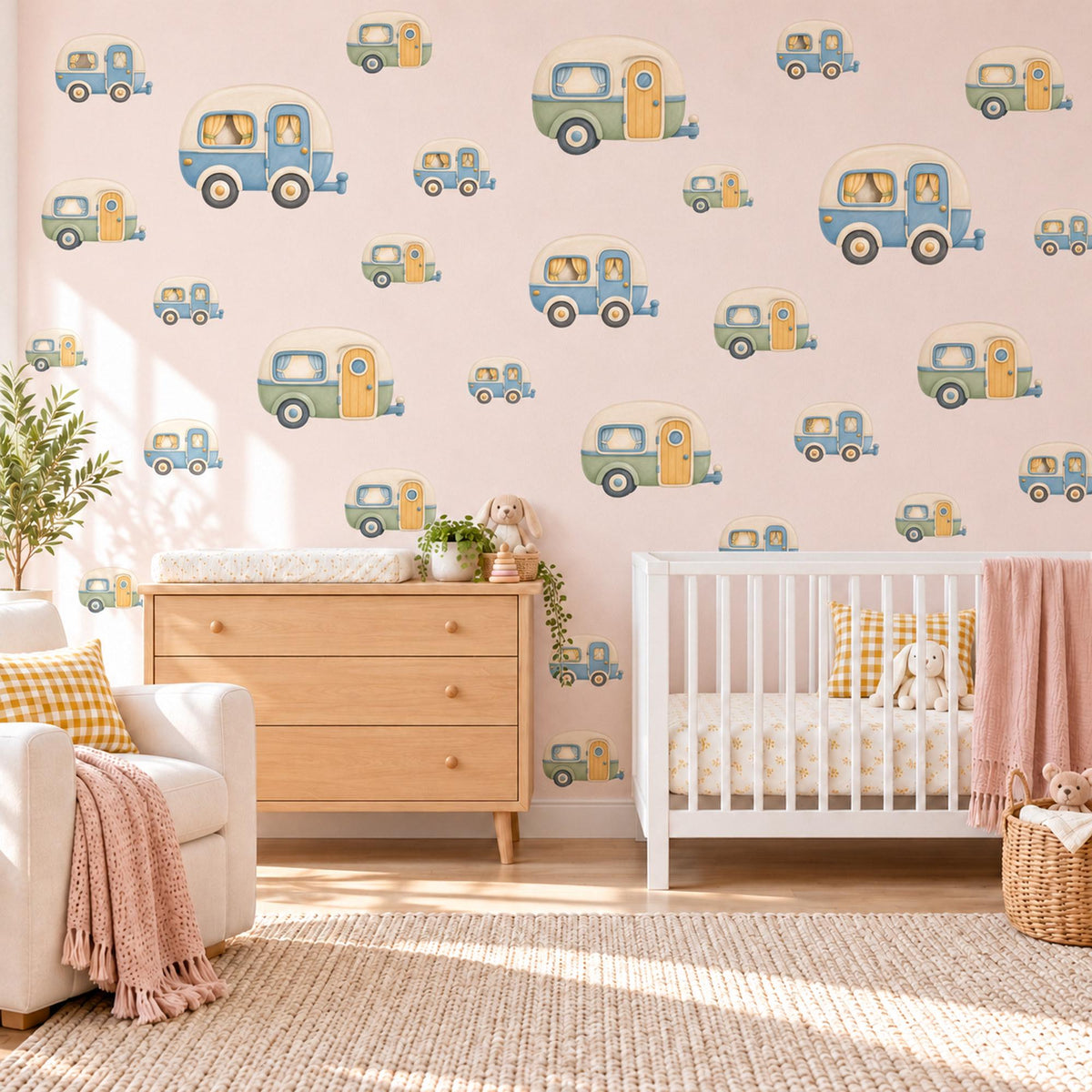 Caravan Wall Stickers, Camper Nursery Decor, Toy Car Travel Wall Decals, Blue Sage Mustard Kids Room Adventure Peel and Stick Wall Art