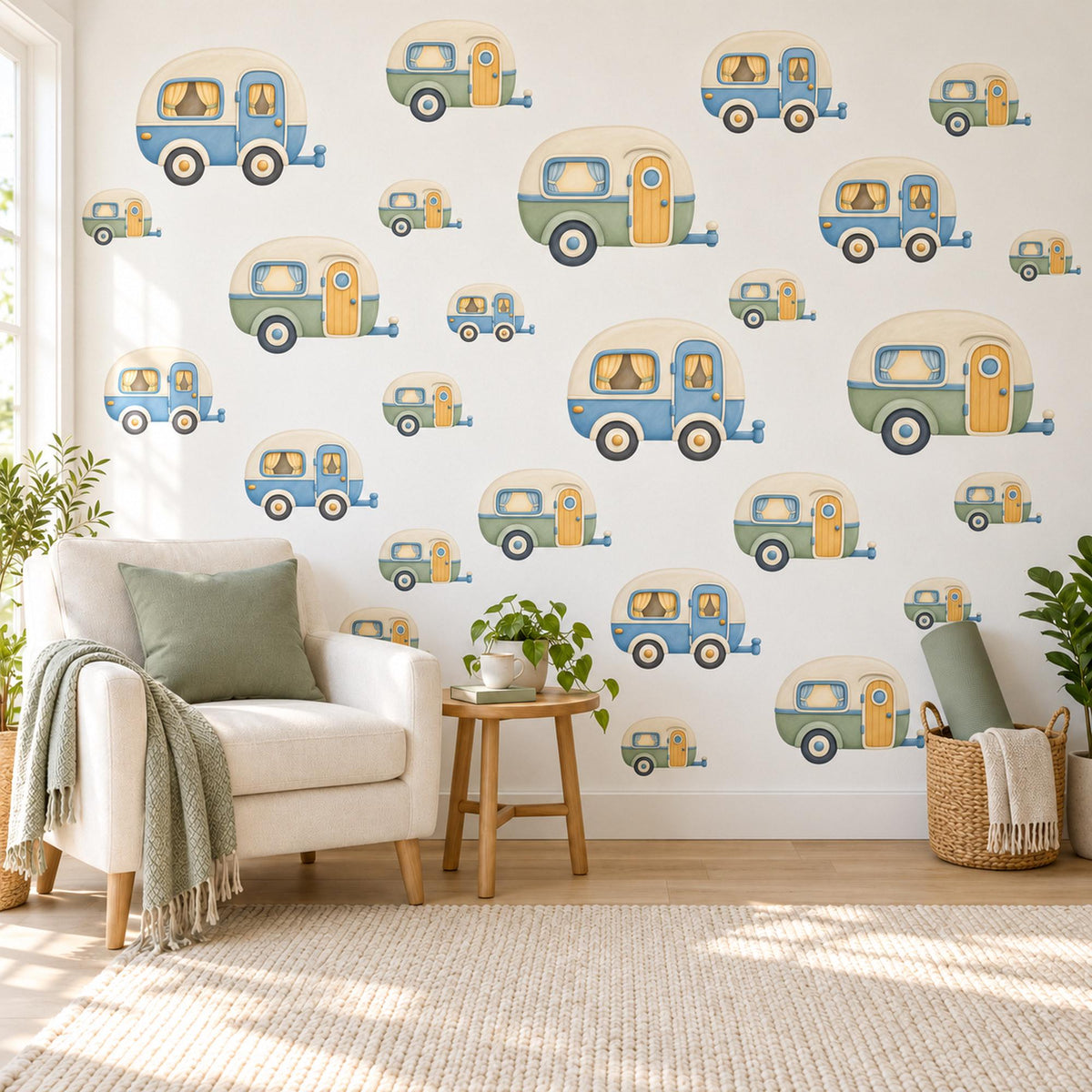 Caravan Wall Stickers, Camper Nursery Decor, Toy Car Travel Wall Decals, Blue Sage Mustard Kids Room Adventure Peel and Stick Wall Art