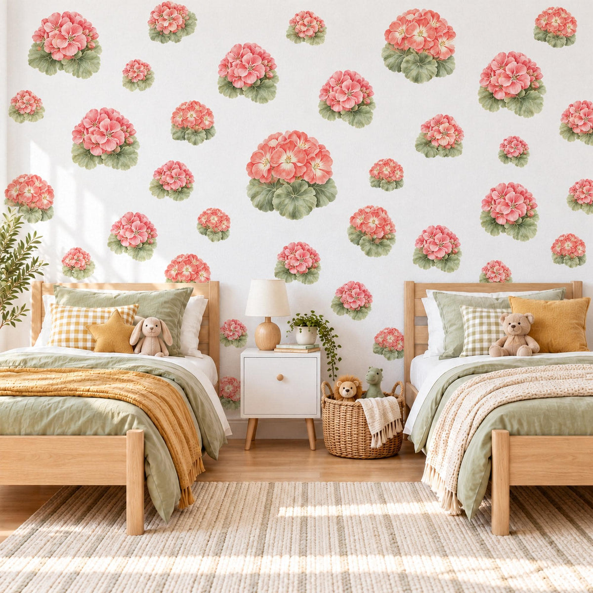 Geranium Wall Stickers, Coral Flower Nursery Decor, Botanical Floral Wall Decals, Pink Green Girls Room Peel and Stick Wall Art