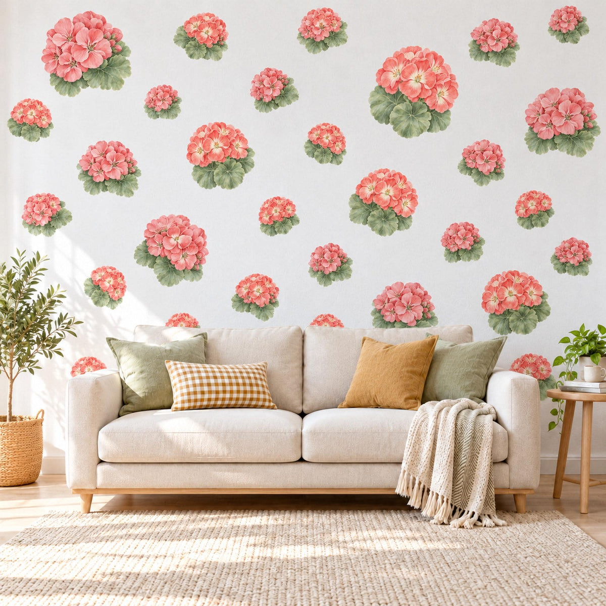 Geranium Wall Stickers, Coral Flower Nursery Decor, Botanical Floral Wall Decals, Pink Green Girls Room Peel and Stick Wall Art