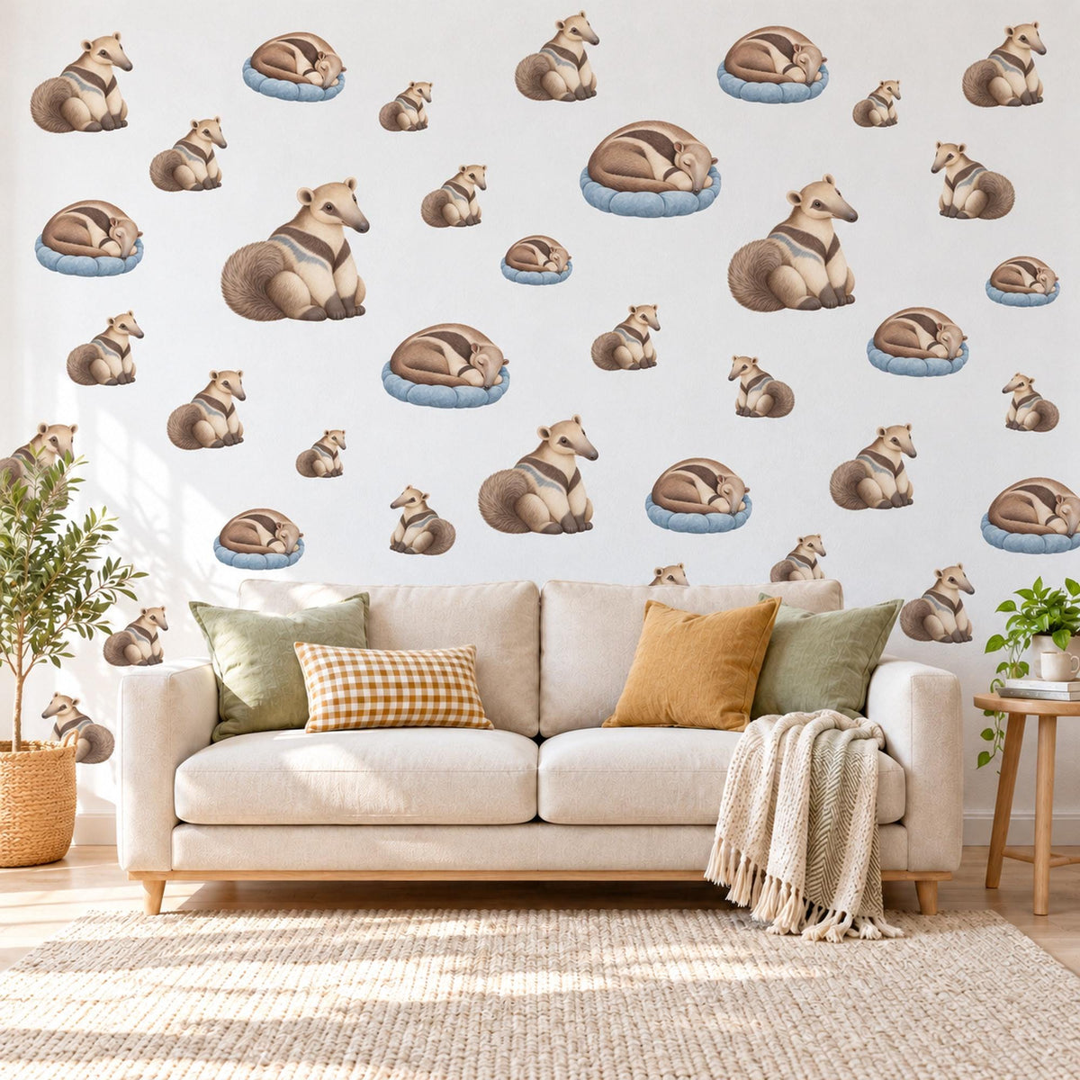 Anteater Wall Stickers, Baby Anteater Nursery Decor, Jungle Animal Wall Decals, Brown Blue Cream Kids Room Peel and Stick Wall Art