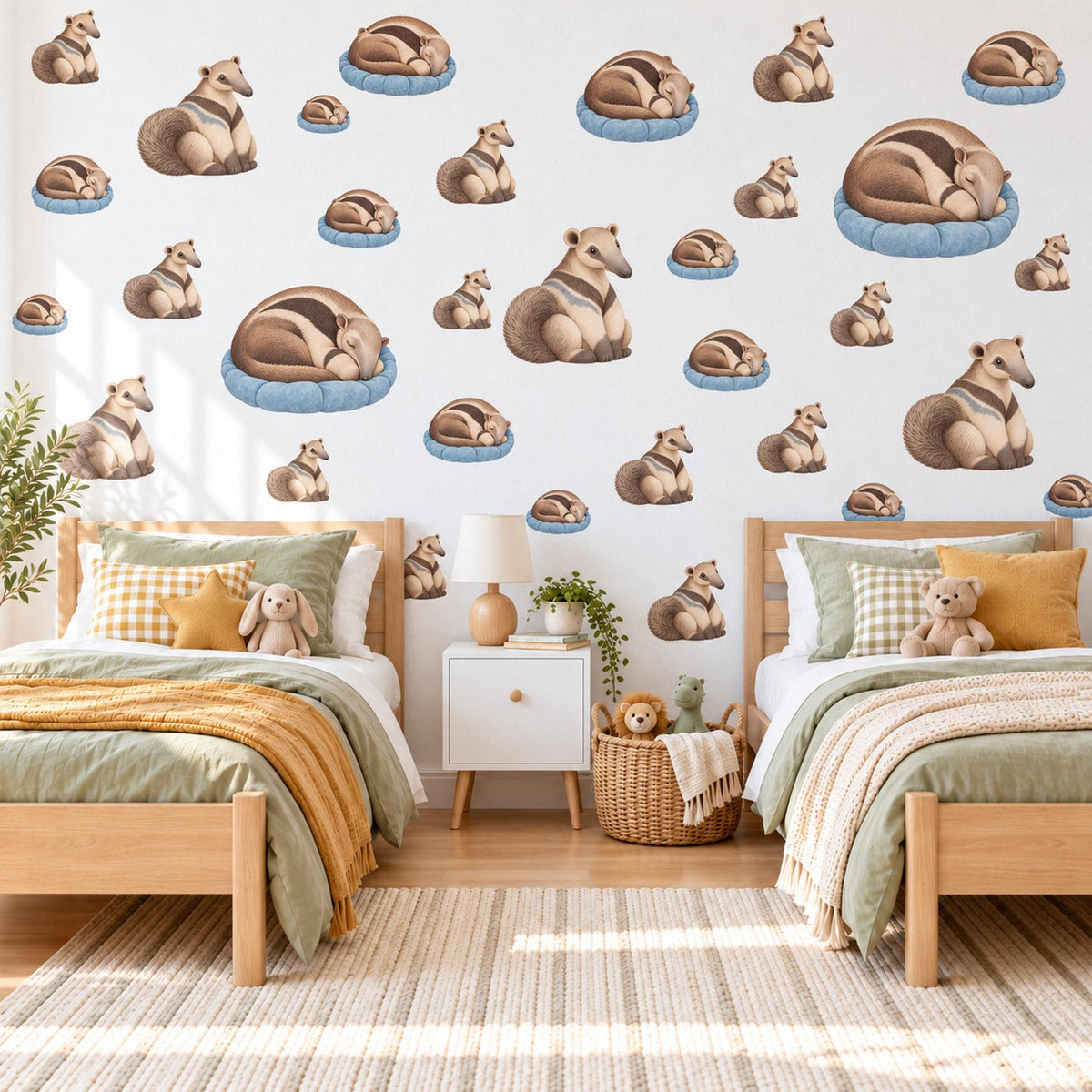 Anteater Wall Stickers, Baby Anteater Nursery Decor, Jungle Animal Wall Decals, Brown Blue Cream Kids Room Peel and Stick Wall Art