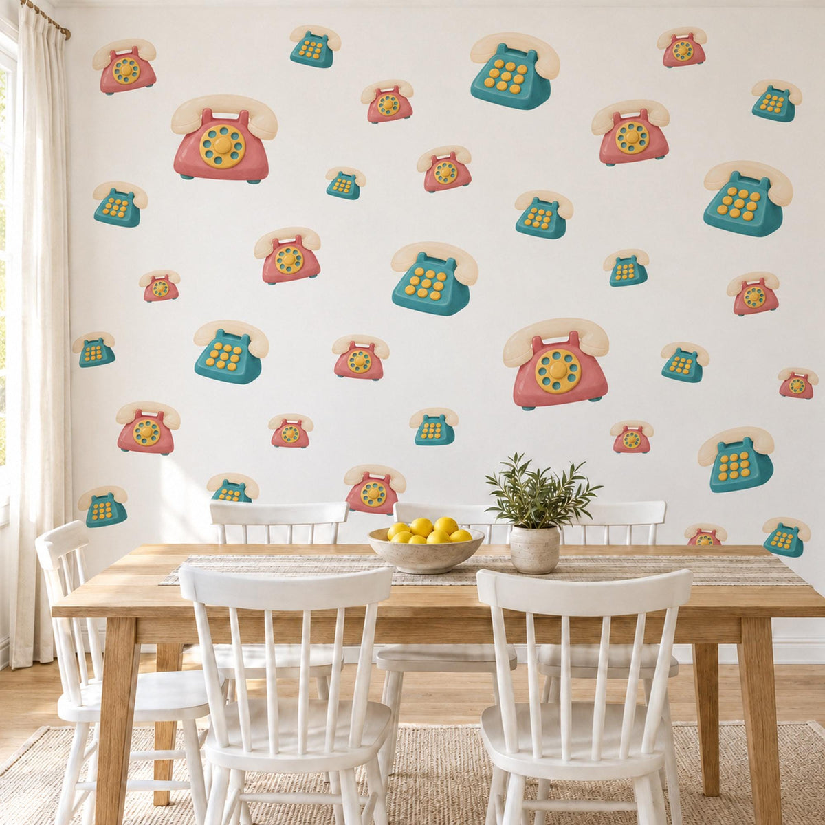 Telephone Wall Stickers, Retro Toy Phone Playroom Decor, Rotary Phone Wall Decals, Coral Teal Mustard Kids Room Peel and Stick Wall Art