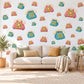 Telephone Wall Stickers, Retro Toy Phone Playroom Decor, Rotary Phone Wall Decals, Coral Teal Mustard Kids Room Peel and Stick Wall Art