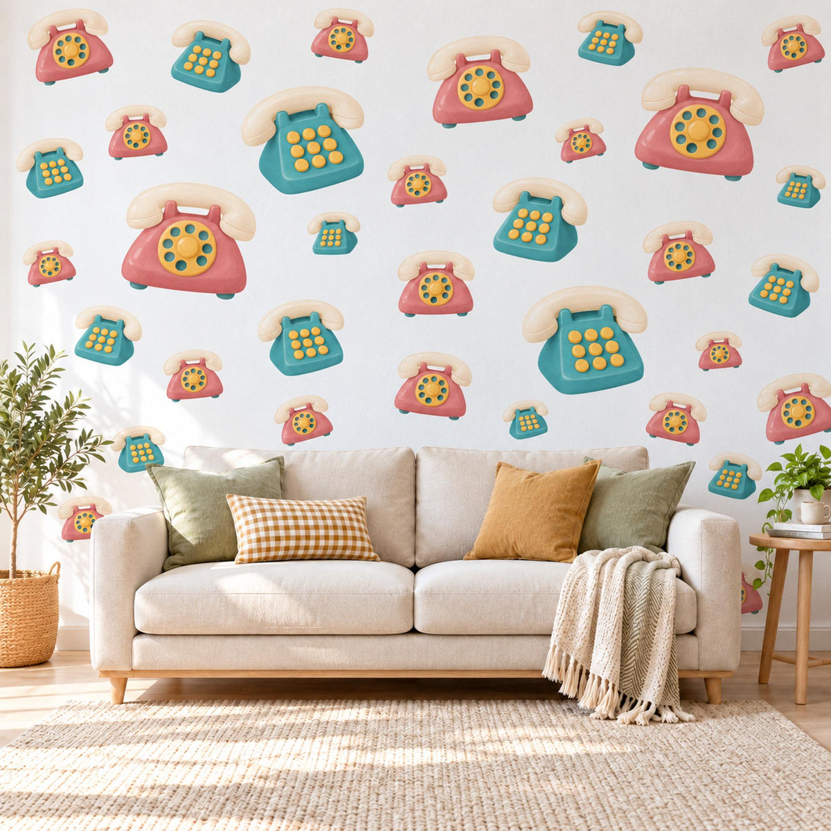 Telephone Wall Stickers, Retro Toy Phone Playroom Decor, Rotary Phone Wall Decals, Coral Teal Mustard Kids Room Peel and Stick Wall Art
