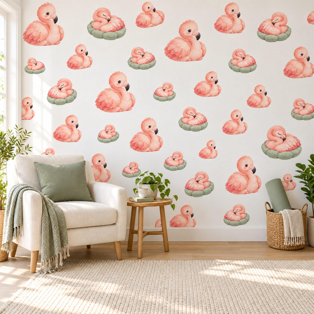 Flamingo Wall Stickers, Baby Flamingo Nursery Decor, Pink Bird Wall Decals, Blush Coral Sage Girls Room Peel and Stick Wall Art